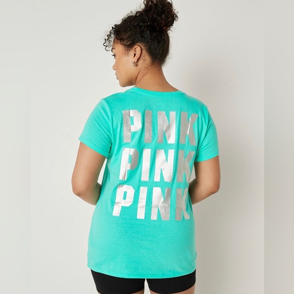 VS Pink 3-Piece SET Teal Ice Shine Perfect Tee With Seamless Leggings & Bra - Picture 7 of 16